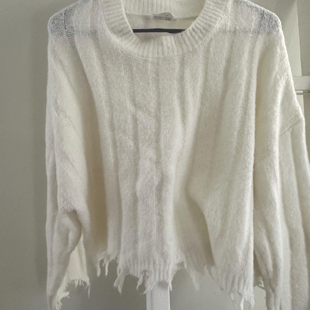 Distressed Fleece Knit Sweater in White Size M from DryGoods